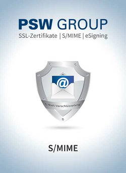 PSW GROUP-Logo, darunter ist ein silbernes Schild mit einem E-Mail-Symbol dargestellt. Es symbolisiert sichere Kommunikation und Datenschutz durch S/MIME.